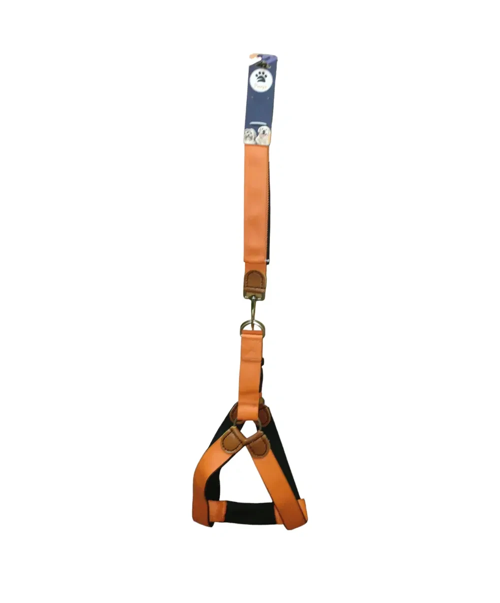 Orange lined nylon harness and leash set, large size for dogs