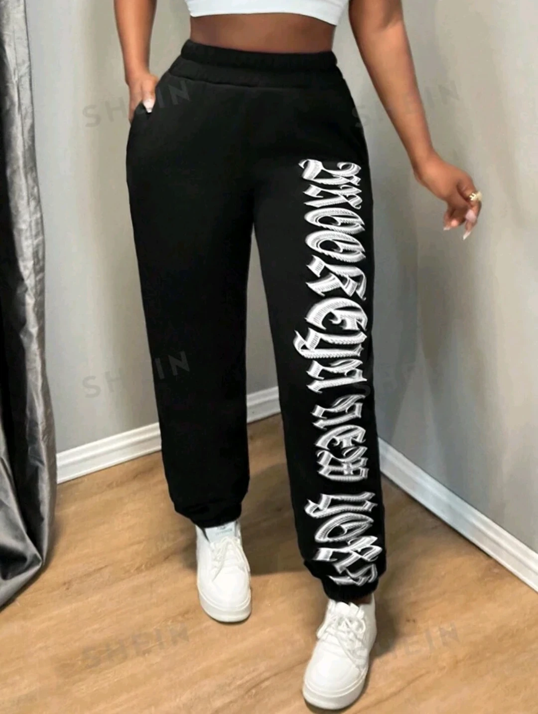 BamGleam Plain Letter Print Slim Fit Casual Sweatpants