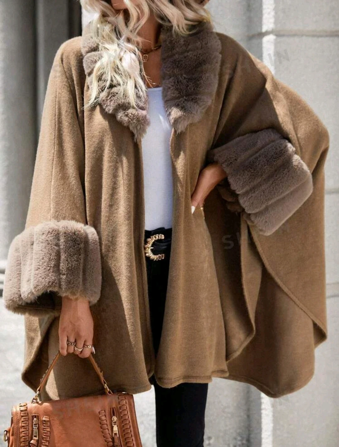 EMERY ROSE Fuzzy Collar Batwing Sleeve Fuzzy Trim Cardigan