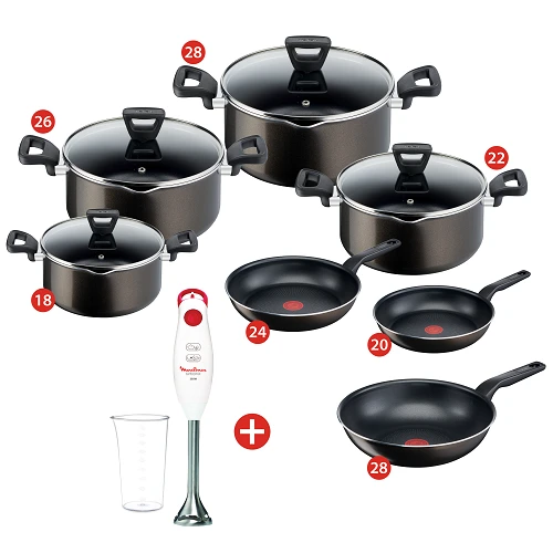 طقم اكس ال انتنس بغطاء زجاج من تيفال بغطاء زجاجي، حلل 18،22،26،28 سم + مقلاة 20،24 سم + مقلاة عميقة 28 + خلاط يدوي مولينكس تربو مكس بلس، 350 وات ، وعاء 800 مل