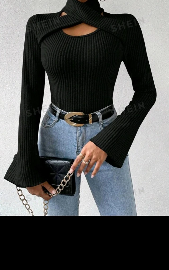 SHEIN Raffinéa Flared Long Sleeve Hollow Out Top