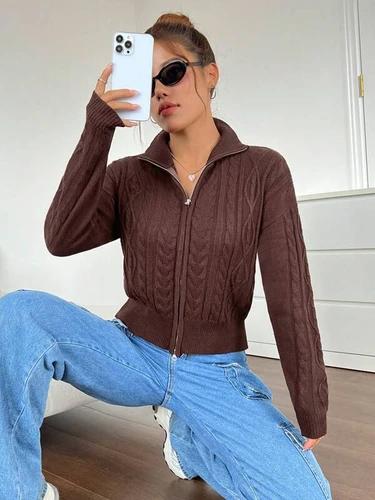 Low shoulder zipper woven braided cardigan