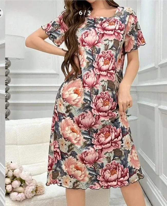 Women Floral Print Long Pajama Night Dress