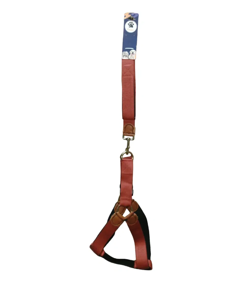 A set of nylon harness and leash, quilted in red, large size for dogs