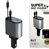 4-In-1 Super Fast 120W Car Charger With Retractable Cables (Type-C And IOS), 2 USB Ports, And Digital Display (1741)