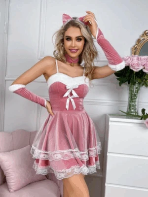 Butterfly knot front contrast lace velvet dress costume set