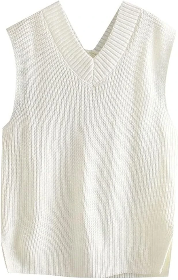 Women's Clothing Loose Knit Sweater Retro Sleeveless Side Slits (Size: Small)