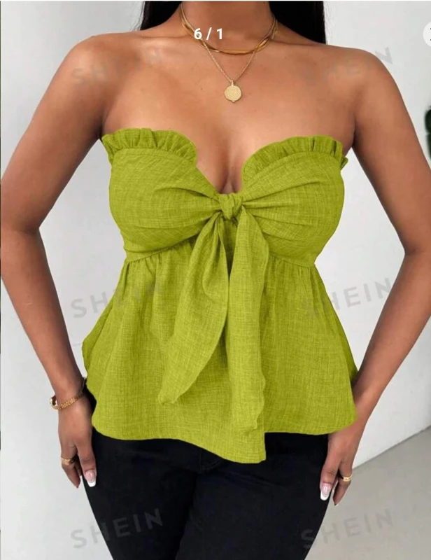 SHEIN Privé Women Solid Color Strap Ruffle Trim Tube Top For Spring/Summer