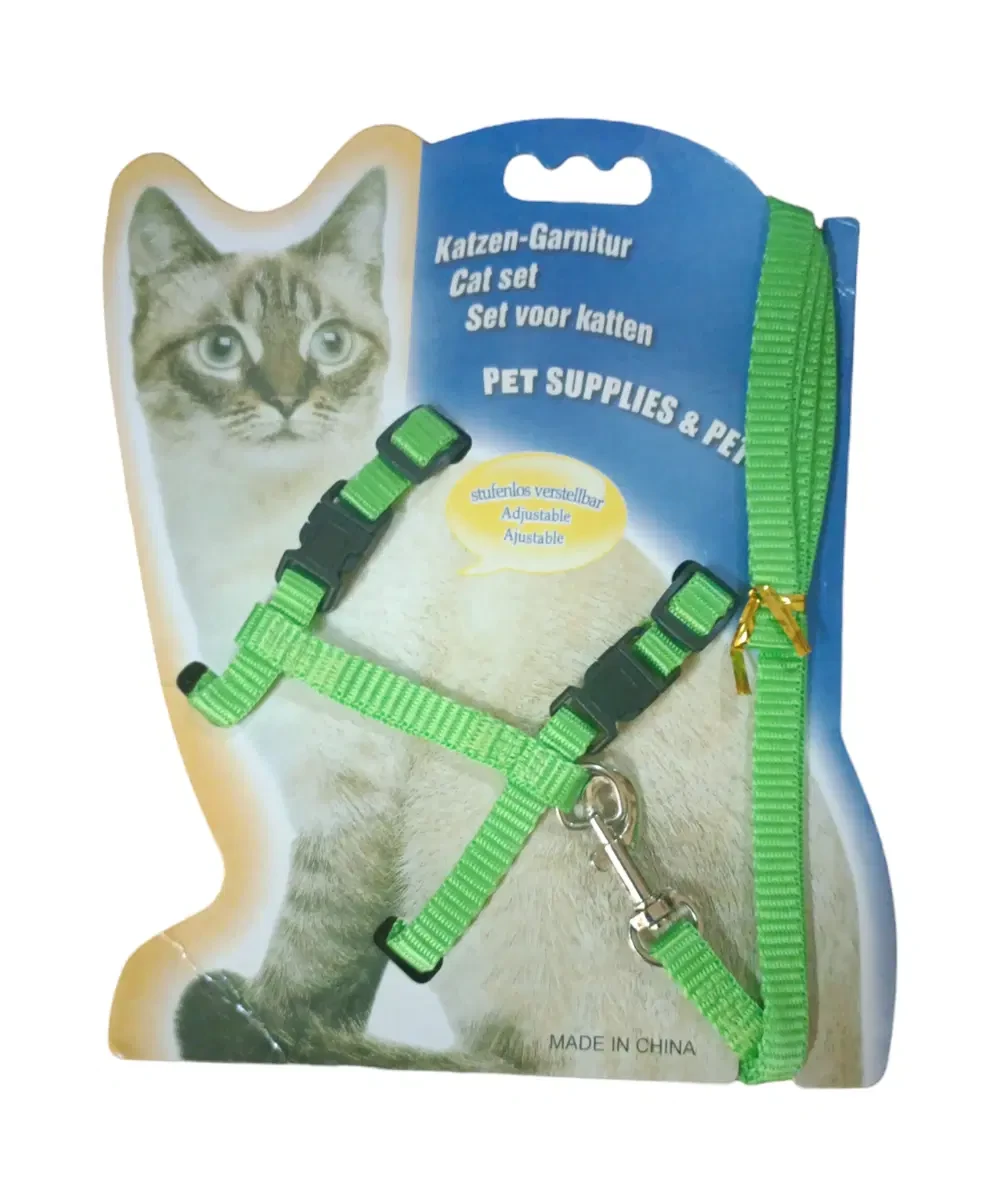 Harness and nylon wool for adult cats, green in color
