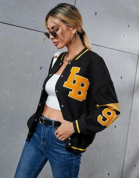 College jacket with square details in different colors